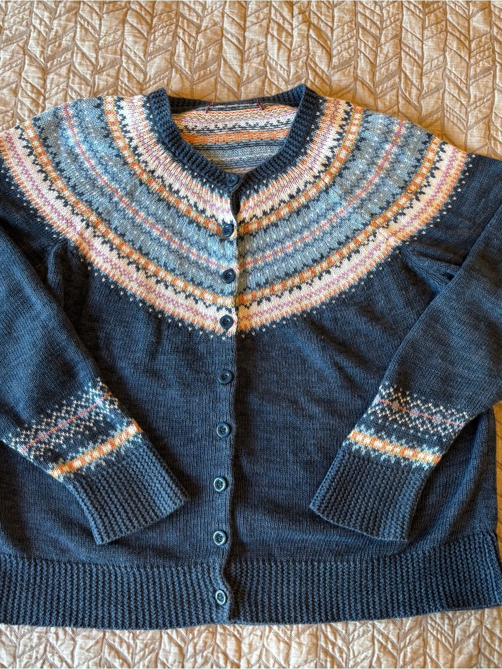 Tiara International Blue Fair Isle Button-Up Knit Cardigan